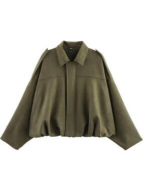 Women's Army Green Faux Suede Long Sleeve Oversized Bomber Jacket Coat